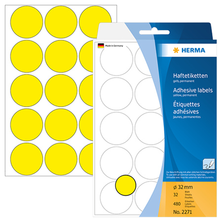 Märketiketter Herma diameter 32 mm gul 480/fp