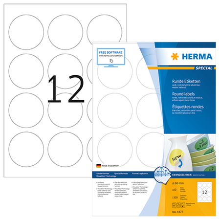Avtagbara etiketter Herma Ø 60 mm 1200/fp