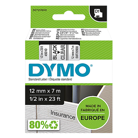 Märktejp Dymo D1 svart/transparent 12mmx7m