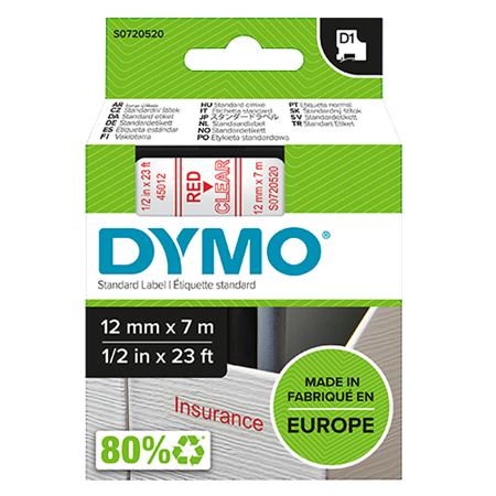 Märktejp Dymo D1 röd/transparent 12mmx7m