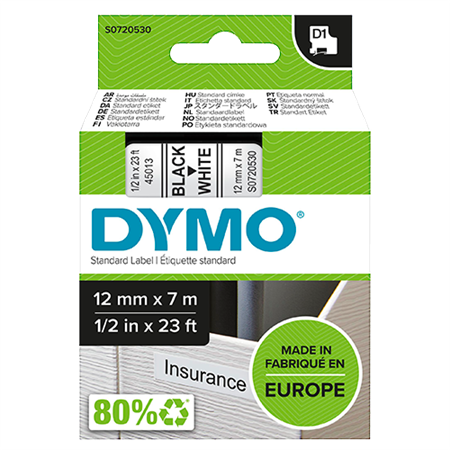 Märktejp Dymo D1 svart/vit 12mmx7m