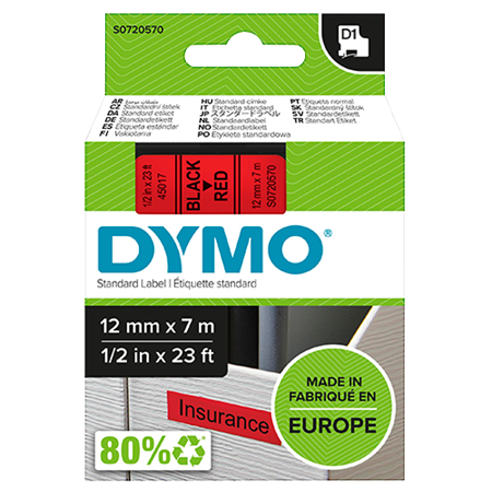 Märktejp Dymo D1 svart/röd 12mmx7m