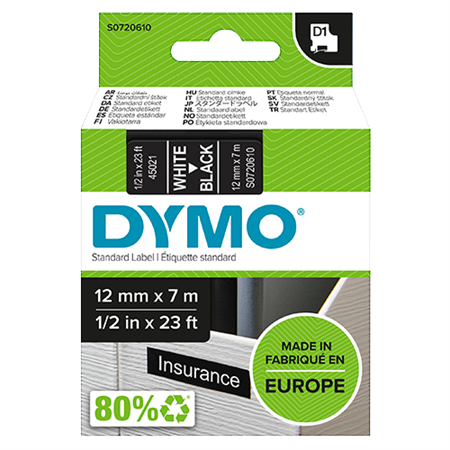 Märktejp Dymo D1 vit/svart 12mmx7m