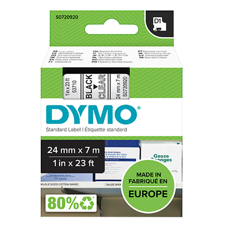 Märktejp Dymo D1 svart/transparent 24mmx7m